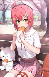 1girl 35p_(sakura_miko) absurdres ahoge backpack bag bandaid bandaid_on_leg bench beret cat_hair_ornament cherry_blossoms day double-parted_bangs eating food green_eyes hair_ornament hairclip hat highres holding_taiyaki hololive kintoki_(sakura_miko) light_blush looking_at_viewer midriff_peek on_bench outdoors parallel_hairclips park park_bench pink_hair pink_skirt pleated_skirt red_bag sailor_collar sakura_miko sakura_miko_(school_uniform) shiotsuke_sasami shirt short_hair sitting skirt solo swing taiyaki thigh_strap thighhighs virtual_youtuber wagashi white_hat white_shirt white_thighhighs