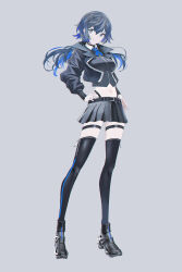 1girl ankle_boots belt belt_buckle black_belt black_boots black_hair black_jacket black_shirt black_thighhighs blue_bow blue_bowtie blue_hair boots bow bowtie buckle collared_shirt colored_inner_hair contrapposto cropped_jacket cropped_shirt double-parted_bangs earrings full_body grey_background grey_eyes hand_on_own_hip highleg highleg_panties highres hoop_earrings jacket jewelry kamitsubaki_studio koko_(kamitsubaki_studio) lapels long_hair long_sleeves messy_hair midriff mole mole_under_eye multicolored_hair navel notched_lapels official_alternate_costume official_alternate_hairstyle official_art open_clothes open_jacket panties pleated_skirt shirt simple_background skirt sleeve_cuffs solo swav thigh_strap thighhighs three_quarter_view two-tone_hair underwear virtual_youtuber wing_collar zipper zipper_pull_tab