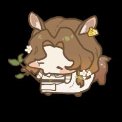 1girl animal_ears animated animated_gif belt black_belt blush branch brown_hair centauroid chibi chinese_commentary closed_eyes closed_mouth commentary_request deer_ears deer_girl dress ear_tag eating flower full_body hair_flower hair_ornament holding holding_branch jessica_(reverse:1999) leaf looping_animation lowres parted_bangs reverse:1999 shengye_sang simple_background solo taur transparent_background white_dress white_flower