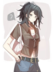 1girl ? absurdres bag bang_dream! bang_dream!_it&#039;s_mygo!!!!! belt black_belt black_hair blue_pants brown_shirt drop_shadow half_updo hand_on_own_hip haobuguniao highres medium_hair midriff navel pants shirt shoulder_bag solo spoken_question_mark white_bag yahata_umiri