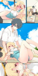 ! 1boy 1girl @_@ azumi_(myameco) black_hair blonde_hair blue_eyes blue_sky breasts cloud day ereshkigal_(fate) fate/grand_order fate_(series) fujimaru_ritsuka_(male) heart heart-shaped_pupils legs long_hair medium_breasts one-piece_swimsuit parasol red_eyes short_hair sky space_ereshkigal_(fate) space_ereshkigal_(first_ascension)_(fate) spoken_exclamation_mark star-shaped_pupils star_(symbol) swimsuit symbol-shaped_pupils thighs umbrella