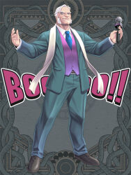 1boy belt black_shoes dairoku_ryouhei full_body green_eyes grin holding holding_microphone jacket mature_male microphone morisawa_tomohiro old old_man open_clothes open_jacket purple_vest scarf shoes sideburns smile solo standing standnig vest white_hair white_scarf
