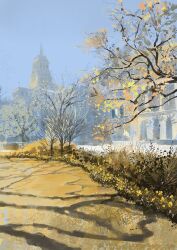 bare_tree building dappled_sunlight day grass hedge highres no_humans original painting_(medium) scenery shadow slow_d sunlight tall_grass traditional_media tree tree_shade