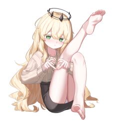 1girl barefoot blonde_hair blush feet green_eyes heart heart_hands highres long_hair looking_at_viewer panties pantyshot polyvora soles toes underwear