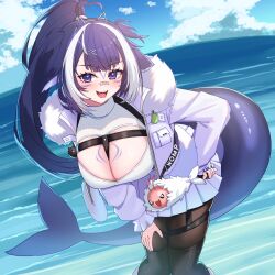 1girl ahoge bandaid bandaid_on_face bandaid_on_nose black_hair black_pantyhose black_thighhighs breasts cetacean_tail chest_harness chest_markings cleavage_cutout clothing_cutout day facial_mark fingerless_gloves fins fish_tail fur_trim gloves harness heart heart_ahoge heart_cutout highres indie_virtual_youtuber jacket kuwahara_taiki large_breasts leaning_forward long_hair looking_at_viewer multicolored_hair official_alternate_costume open_clothes open_jacket open_mouth orca_girl outdoors pantyhose pleated_skirt ponytail purple_eyes shylily single_fingerless_glove skirt solo streaked_hair tail thighhighs virtual_youtuber water white_hair