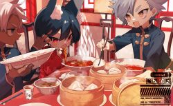 3boys animal_ear_fluff animal_ears black_hair black_jacket bowl brown_eyes chinese_clothes chopsticks commentary dark-skinned_male dark_skin dumpling fang food hair_between_eyes highres holding holding_chopsticks jacket long_sleeves male_focus meal multiple_boys noodles open_mouth original ozureiji red_eyes red_shirt sanpaku shirt short_hair skin_fang smile steamed_bun steaming_food symbol-only_commentary thick_eyebrows tsurime v-shaped_eyebrows watermark white_hair
