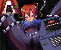 1girl aile_(mega_man_zx) artist_request blush bodysuit brown_hair capcom clitoris female_focus green_eyes hacking handheld_game_console mega_man_(series) mega_man_zx mind_control nintendo_ds pantyhose pussy robot_ears skin_tight solo spread_legs vest