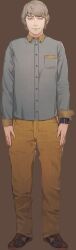 1boy absurdres arms_at_sides blue_eyes breast_pocket brown_hair brown_pants brown_shoes buttons closed_mouth collared_shirt eric_(kyokugen_dasshutsu) full_body grey_shirt highres kyokugen_dasshutsu lips long_sleeves male_focus official_art pants pocket shirt shoes short_hair smile solo standing third-party_source tomono_rui transparent_background watch wristwatch zero_escape:_toki_no_dilemma