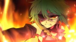 1girl aiming_up angry arm_warmers arson black_collar black_sleeves blood bloody_tears breasts clenched_teeth collar collared_jacket cropped_jacket detached_collar detached_sleeves domino_mask embers evillious_nendaiki fire floating_hair green_eyes grey_jacket gumi jacket looking_at_viewer mask medium_breasts nemesis_no_juukou_(vocaloid) nemesis_sudou ponytail rice_rice_2525 scowl short_hair short_hair_with_long_locks short_ponytail side_ponytail sleeveless sleeveless_jacket teeth upper_body vocaloid wavy_hair