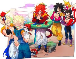 Rule 34 | black hair, blue eyes, blue sash, closed mouth, dougi, dragon ball, dragon ball gt, dragonball z, earrings, gloves, gogeta, jewelry, long hair, male focus, metamoran vest, monkey boy, monkey tail, multiple boys, muscular, muscular male, ommmyoh, open mouth, pants, potara earrings, red fur, saiyan, sash, smile, son goku, spiked hair, super saiyan, super saiyan 1, super saiyan 4, tail, twitter username, vegeta, vegetto, wristband, yellow pants