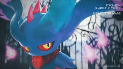 3d artist_name blurry blurry_background celebi350300687 character_name cinema_4d_(medium) closed_mouth colored_sclera copyright_name fang flutter_mane highres nintendo no_humans pokedex_number pokemon pokemon_(creature) pokemon_focus red_sclera skin_fang smile solo spikes will-o&#039;-the-wisp_(mythology) yellow_eyes