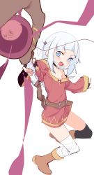 Rule 34 | 1girl, absurdres, bandaged leg, bandages, belt, black gloves, blue eyes, blue hair, brown belt, cosplay, dress, eds, fingerless gloves, gawr gura, gloves, hair ornament, highres, holding, holding staff, hololive, hololive english, kono subarashii sekai ni shukufuku wo!, megumin, megumin (cosplay), multicolored hair, open mouth, red dress, shark hair ornament, sharp teeth, shrimp, silver hair, single thighhigh, staff, streaked hair, teeth, thighhighs, upper teeth only, virtual youtuber