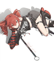 1girl absurdres arm_tattoo artist_name bandaid bandaid_on_knee bandaid_on_leg black_boots black_shirt black_skirt boots commentary dated drill_hair highres kasane_teto kieed looking_at_viewer lying midriff navel on_side platform_boots pleated_skirt red_eyes red_hair shirt signature single_sleeve skirt solo striped_sleeves tattoo thigh_strap twin_drills utau