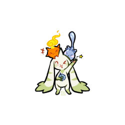 closed_eyes daily_haunted_tv digimon digimon_(creature) fire happy horns long_ears looking_at_viewer moonmon one_eye_closed simple_background smile star_(symbol) sunmon terriermon tongue tongue_out white_background wink
