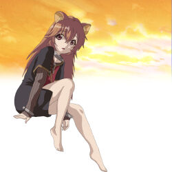 1girl animal_ear_fluff animal_ears arm_support barefoot black_dress brown_dress brown_hair child cloud cloudy_sky collar collarbone commentary_request dress flat_chest full_body gradient_background hal-py long_hair long_sleeves looking_at_viewer looking_down messy_hair metal_collar metal_wrist_cuffs no_tail open_mouth orange_sky raccoon_ears raccoon_girl raphtalia red_dress red_eyes short_dress short_sleeves sitting sky solo striped_clothes striped_dress tate_no_yuusha_no_nariagari two-tone_dress vertical-striped_clothes vertical-striped_dress white_background