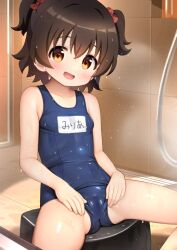1girl :d adversarial_noise akagi_miria bathroom blue_one-piece_swimsuit bow brown_eyes brown_hair cedar_(cedar_japonica) commentary_request hair_bow idolmaster idolmaster_cinderella_girls indoors loli looking_at_viewer name_tag old_school_swimsuit one-piece_swimsuit open_mouth paid_reward_available red_bow school_swimsuit short_hair sitting smile solo spread_legs spread_pussy spread_pussy_under_clothes swimsuit twintails two_side_up variant_set