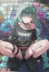 black_boots boots fishnet_pantyhose fishnets goth_fashion grey_hair highres panties pantyhose phrolova_(wuthering_waves) pixiv pussy teasing underwear wuthering_waves