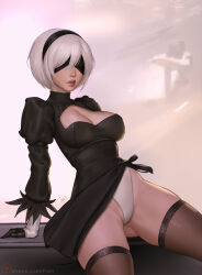 1girl 2b_(nier:automata) arm_support arms_behind_back black_dress black_gloves black_hairband black_leotard blindfold breasts brown_thighhighs cleavage cleavage_cutout clothing_aside clothing_cutout covered_eyes dress dress_aside feather-trimmed_sleeves freli gloves gluteal_fold groin hairband highleg highleg_leotard highres lace lace-trimmed_thighhighs lace_trim leotard lips medium_breasts multicolored_gloves nier:automata nier_(series) parted_lips patreon_logo patreon_username short_hair sitting solo thighhighs two-tone_gloves white_gloves white_hair white_leotard