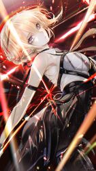 1girl absurdres armlet bare_shoulders black_choker black_pants blonde_hair breasts choker closed_mouth collared_shirt commentary cowboy_shot earrings english_commentary evelyn_chevalier high-waist_pants highres jewelry large_breasts looking_at_viewer mole mole_under_eye no_jacket pants purple_eyes renoahh shirt short_hair solo white_shirt zenless_zone_zero