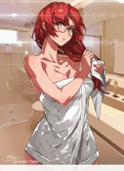 1girl :o anime_coloring bathroom breasts cleavage collarbone glasses highres honkai_(series) honkai_impact_3rd indoors kili_kilio large_breasts long_hair looking_at_viewer mirror murata_himeko naked_towel open_mouth red_hair shower_(place) sink toilet towel yellow_eyes