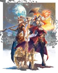 2girls animal_ears armor warrior_of_light_(ff14) axe boots final_fantasy final_fantasy_xiv gauntlets green_eyes grey_eyes grey_hair highres hip_armor holding holding_weapon horns long_hair looking_at_viewer multiple_girls planet rabbit_ears shoulder_armor shukei thigh_boots viera warrior_(final_fantasy) weapon