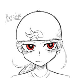 1boy backwards_hat baseball_cap brick_(ppg) earrings furrowed_brow hat highres jewelry light_frown long_hair male_focus portrait powerpuff_girls red_eyes rowdyruff_boys shirt single_earring sketch solo t-shirt