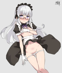 1girl apron black_dress bow bowtie breasts character_request closed_mouth copyright_request covered_erect_nipples dress embarrassed glasses gloves grey_background highres long_hair maid maid_apron maid_headdress medium_breasts navel panties purple_bow purple_bowtie purple_eyes semi-rimless_eyewear simple_background solo underwear waist_apron white_apron white_gloves white_hair white_panties wolksheep