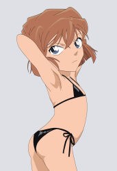 Rule 34 | 1girl, armpits, arms up, ass, bikini, black bikini, flat chest, haibara ai, hands behind own head, jaaaan, meitantei conan, swimsuit
