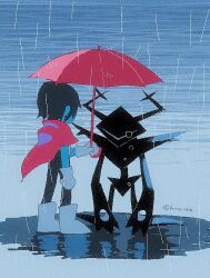 2others antlers blue_skin boots cape colored_skin commentary deltarune gloves holding holding_umbrella hole_in_hand horns kneeling kris_(dark_world)_(deltarune) kris_(deltarune) multiple_others nagakura_(seven_walkers) puddle rain red_cape red_umbrella roaring_knight spoilers symbol-only_commentary twitter_username umbrella