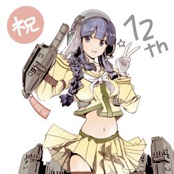 1girl adapted_costume anniversary black_hair blunt_bangs braid ear_protection gloves grey_eyes hair_over_shoulder hair_ribbon headphones highres kantai_collection kitakami_(kancolle) kitakami_kai_ni_(kancolle) long_hair long_sleeves midriff navel neckerchief pleated_skirt ribbon sailor_collar salute school_uniform serafuku shirt simple_background single_braid skirt solo tada_(tactical_tada) torpedo_launcher tress_ribbon v white_background white_gloves white_neckerchief white_sailor_collar yellow_sailor_collar yellow_serafuku yellow_shirt yellow_skirt