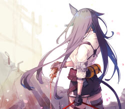 1girl animal_ears arknights black_gloves black_hair black_skirt black_tail blaze_(arknights) bottle commentary cowboy_shot day falling_petals gloves grey_thighhighs holding holding_bottle long_hair miniskirt online_neet outdoors petals pouch pouring rubble shirt single_thighhigh skirt solo standing tail thighhighs white_shirt wind