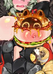 Rule 34 | 2girls, absurdres, animal, animalization, arms up, bacon, black gloves, black jacket, blonde hair, blush, breast burger, breast focus, breasts, brown eyes, burger, caesar king (zenless zone zero), cat, dot nose, eyes out of frame, fast food, female pov, flustered, food, food on body, food on breasts, fur-trimmed jacket, fur trim, gloves, grabbing another&#039;s breast, green hair, groping, hair between eyes, hair tie, half gloves, head out of frame, high side ponytail, highres, holding, holding burger, holding food, jacket, lactation, large areolae, large breasts, lettuce, luciana de montefio, memixz, multiple girls, mustard, nipples, nose blush, open mouth, ponytail, pov, pov hands, short hair, sweat, tomato, tomato slice, whiskers, yuri, zenless zone zero