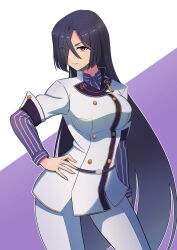 Rule 34 | 1girl, absurdres, black hair, breasts, closed mouth, collared shirt, commentary request, contrapposto, eyes visible through hair, hair over one eye, hand on own hip, highres, jacket, large breasts, long hair, long sleeves, looking at viewer, okaka factory, orange eyes, origami yukari, pants, purple shirt, shirt, simple background, solo, standing, striped clothes, striped shirt, toji no miko, v-shaped eyebrows, very long hair, white jacket, white pants
