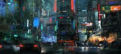 absurdres building city city_lights cityscape haru_akira highres motor_vehicle neon_lights night original outdoors people road scenery sign traffic urban