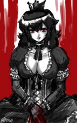 1girl artist_name black_hair black_lips breasts cleavage dress gloves goth_fashion highres john_joseco large_breasts lipstick long_hair looking_at_viewer makeup mario_(series) nintendo parted_lips princess princess_peach red_eyes smile solo