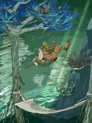 1other brown_pants day floating gabbro green_sky hammock highres holding holding_instrument instrument levitation light_rays music outdoors outer_wilds overcast pants playing_instrument sasa_fistulosum scenery sky solo sunbeam sunlight tornado tree