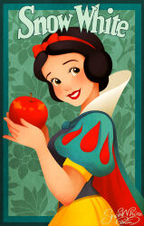 1girl apple black_hair bow cape dress food fruit hair_bow highres holding looking_at_viewer ponsu_(ponzuxponzu) puffy_short_sleeves puffy_sleeves red_bow short_hair short_sleeves smile snow_white_(disney) snow_white_and_the_seven_dwarfs_(disney) solo