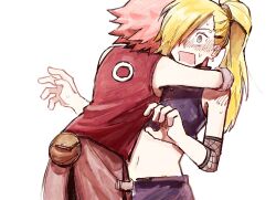 2girls 79x_(ox79xo) :o blonde_hair blush crop_top hair_over_one_eye haruno_sakura highres hug long_hair midriff multiple_girls naruto_(series) naruto_shippuuden navel open_mouth pink_hair ponytail red_shirt shirt short_hair sleeveless sleeveless_shirt sweat white_background yamanaka_ino yuri