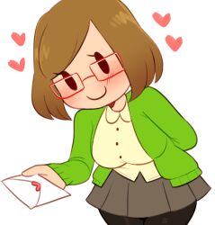 1girl absurdres black_thighhighs blush breasts cardigan collared_shirt cowboy_shot eyelashes green_cardigan heart highres holding holding_letter large_breasts leaning_forward letter long_sleeves looking_at_viewer love_letter nikki_(swapnote) nintendo no_nose pleated_skirt rectangular_eyewear red-framed_eyewear sataen shirt simple_background skirt smile solid_oval_eyes swapnote thighhighs white_background white_shirt