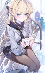 Rule 34 | 0202ase, 1girl, absurdres, alternate costume, bench, black pantyhose, black scarf, black skirt, blonde hair, blue archive, blue eyes, blue halo, blush, braid, closed mouth, commentary request, earrings, grey jacket, hair intakes, half up braid, halo, heart, highres, holding snowman, jacket, jewelry, long hair, looking at viewer, on bench, outdoors, pantyhose, park bench, scarf, sitting, skirt, snowing, snowman, solo, spoken heart, stud earrings, sweater, toki (blue archive), white sweater