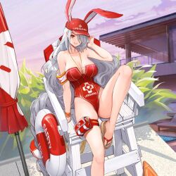 Rule 34 | 1girl, absurdly long hair, animal ears, azur lane, bare shoulders, baseball cap, beach umbrella, breasts, chair, character name, cleavage, closed umbrella, collarbone, dishwasher1910, donut innertube, fake animal ears, feet, flip-flops, foot out of frame, full body, grey hair, hair over one eye, hat, highleg, highleg one-piece swimsuit, large breasts, leg up, legs, lifebuoy, lifeguard, lifeguard chair, long hair, looking at viewer, manjuu (azur lane), mole, mole on body, mole under eye, multiple expressions, nail polish, official alternate costume, official art, one-piece swimsuit, one eye covered, playboy bunny swimsuit, pool, pouch, prinz heinrich (azur lane), prinz heinrich (rabbit on watch) (azur lane), promotional art, rabbit ears, red eyes, red hat, red one-piece swimsuit, sandals, solo, strapless, strapless one-piece swimsuit, sunglasses, swim ring, swimsuit, thigh pouch, toenail polish, toenails, toes, umbrella, very long hair, water, whistle, whistle around neck, white hair