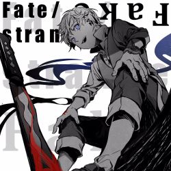 1boy blood bloody_knife bloody_weapon blue_eyes capri_pants copyright_name fate/strange_fake fate_(series) flat_escardos high_contrast highres jack_the_ripper_(fate/strange_fake) knife male_focus pants redoxhn sitting smoke spot_color vest watch weapon wristwatch