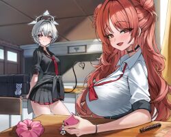 Rule 34 | 2girls, akamin435, black choker, black jacket, black shirt, black skirt, black tail, blue archive, blue eyes, bow, bowtie, breasts, choker, classroom, closed mouth, clothes around waist, demon girl, demon tail, double bun, erika (blue archive), gyaru, hair bun, halo, highres, indoors, jacket, jacket around waist, kirara (blue archive), large breasts, looking at viewer, loose bowtie, multiple girls, necktie, open mouth, pink eyes, pink hair, pink halo, red bow, red bowtie, red necktie, shirt, skirt, smile, tail, white hair, white shirt