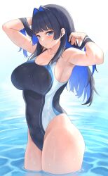 1girl absurdres aoi_zerii arms_up black_hair black_one-piece_swimsuit blue_eyes blue_hair blush breasts colored_inner_hair commentary cowboy_shot hair_intakes highres hololive hololive_english large_breasts long_hair multicolored_hair one-piece_swimsuit ouro_kronii solo swimsuit two-tone_hair very_long_hair virtual_youtuber wading water wet