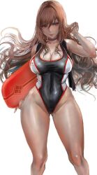 1girl black_choker black_one-piece_swimsuit blush bodyboard breasts brown_hair choker cleavage closed_mouth competition_swimsuit covered_navel goddess_of_victory:_nikke highleg highleg_one-piece_swimsuit highres holding_kickboard kickboard kyel_hyde large_breasts long_hair official_alternate_costume one-piece_swimsuit rapi_(classic_vacation)_(nikke) rapi_(nikke) red_eyes smile solo swimsuit thighs two-tone_swimsuit