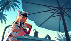 1girl bandaged_arm bandages blonde_hair breasts burger cape chair clover commentary commission dark-skinned_female dark_skin eating english_commentary fingerless_gloves food food_in_mouth four-leaf_clover french_fries gloves guilty_gear guilty_gear_strive hat highres holding holding_food mango_(mgosketches) medium_breasts navel palm_tree ramlethal_valentine short_shorts shorts single_fingerless_glove sitting solo table tree white_cape white_hat white_shorts yellow_eyes