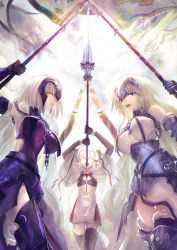 armor armored_dress ayamatazu bad_id bad_pixiv_id banner bell black_gloves black_legwear blonde_hair blue_eyes breasts capelet chain cloud commentary_request dress elbow_gloves fate/grand_order fate_(series) flat_chest gauntlets gloves hair_ribbon headpiece highres holding holding_weapon jeanne_d&#039;arc_(fate) jeanne_d&#039;arc_(ruler)_(fate) jeanne_d&#039;arc_(third_ascension)_(fate) jeanne_d&#039;arc_alter_(avenger)_(fate) jeanne_d&#039;arc_alter_(fate) jeanne_d&#039;arc_alter_santa_lily_(fate) lance large_breasts long_hair looking_at_viewer open_mouth polearm ribbon smile standard_bearer thighhighs very_long_hair weapon yellow_eyes