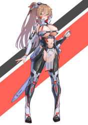 1girl absurdres android armor bikini_armor blush breasts brown_hair cleavage commission full_body green_eyes hair_between_eyes highres holding holding_sword holding_weapon large_breasts long_hair looking_at_viewer navel original pelvic_curtain pointy_ears ponytail revealing_clothes ringobatake see-through_clothes skeb_commission solo standing sword thighhighs two-tone_background variant_set weapon