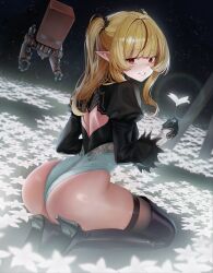 1girl 2b_(nier:automata) 2b_(nier:automata)_(cosplay) blonde_hair breasts chromashift elf female_focus hag long_hair lp_(lp0000_k) multicolored_hair necromancer pointy_ears red_eyes red_hair ruby_runeheart small_breasts solo solo_focus two-tone_hair virtual_youtuber vtuber_fanart witch
