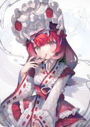 1girl :3 :p artist_name blunt_bangs blush bonnet bow chinese_zodiac commentary_request cowboy_shot dated dress flower forked_tongue frilled_dress frills gem gunjou_row hat hat_flower layered_skirt lolita_fashion long_hair long_sleeves looking_at_viewer nail_polish original pearl_(gemstone) red_dress red_eyes red_flower red_hair red_nails red_rose ribbon-trimmed_sleeves ribbon_trim rose signature simple_background skirt slit_pupils snake_tail solo tail tongue tongue_out twitter_username two-tone_dress white_background white_bow white_dress white_hat wide_sleeves year_of_the_snake